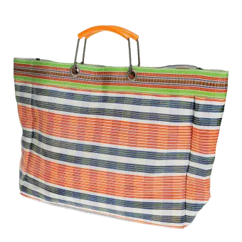 Large woven shopping bag with orange and blue striped pattern with orange handles