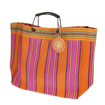 Large woven shopping bag with orange and pink striped design and black handles.