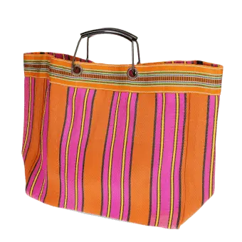 Large woven shopping bag with orange and pink striped design and black handles.