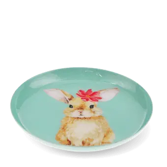 Round metal trinket tray featuring an illustrated rabbit with a red flower.