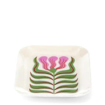 Rectangular trinket tray featuring a stylised pink and green retro floral design.