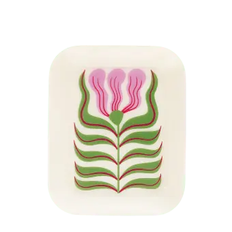Rectangular trinket tray featuring a stylised pink and green retro floral design.