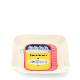 Rectangular trinket tray featuring a colourful sardines tin illustration with fish.
