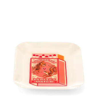 Rectangular trinket tray featuring a pink matchbox illustration with tigers and hearts.
