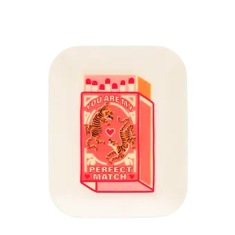 Rectangular trinket tray featuring a pink matchbox illustration with tigers and hearts.