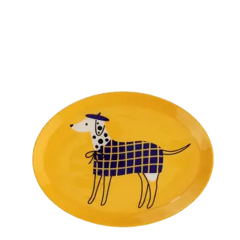 Oval yellow metal tray featuring an illustrated spotted dog wearing a blue checked coat and beret.