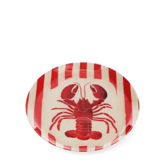 Oval metal trinket tray with a red lobster design on a red and cream striped background.