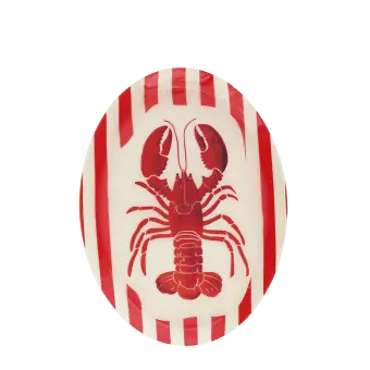 Oval metal trinket tray with a red lobster design on a red and cream striped background.