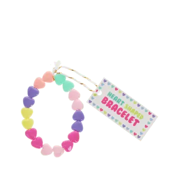 Heart-bead bracelet with colourful heart-shaped beads shown with tag.