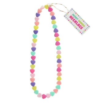 Heart-bead necklace with colourful heart-shaped beads shown with tag.