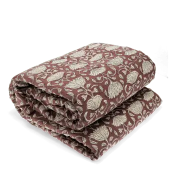 Brown hand block-printed throw with floral pattern