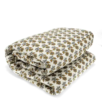 Hand block-printed throw with yellow floral pattern,
