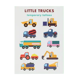 Children's temporary tattoos featuring colourful trucks, construction vehicles and machinery.