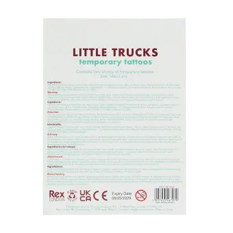 Back of temporary tattoo pack with product information, ingredients, safety warnings and barcode.