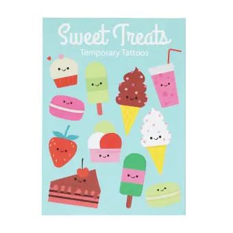 Children’s temporary tattoos featuring smiling sweets, ice creams, cakes and drinks.