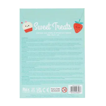 Back of temporary tattoo pack with product information, safety warnings, expiry date and barcode.