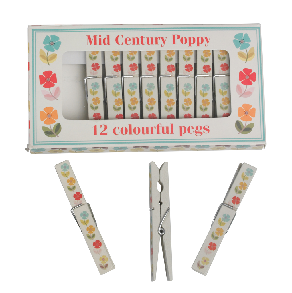 Set Of 12 Mid Century Poppy Clothes Pegs Rex London