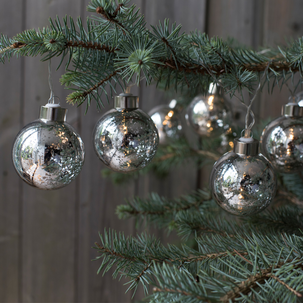 Ten Large Antique Style Silver Led Baubles Rex London