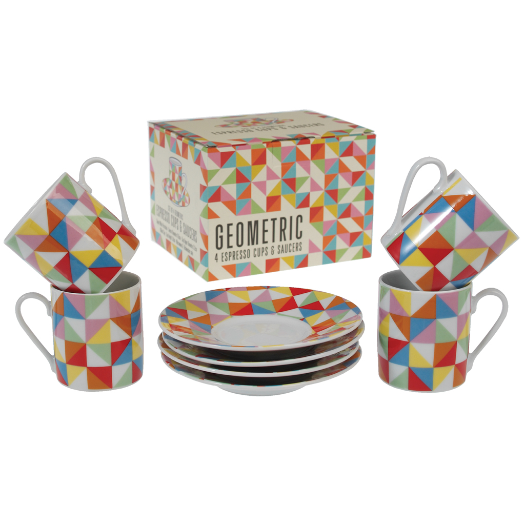 Set Of 4 Multicolour Geometric Espresso Cups And Saucers Rex London