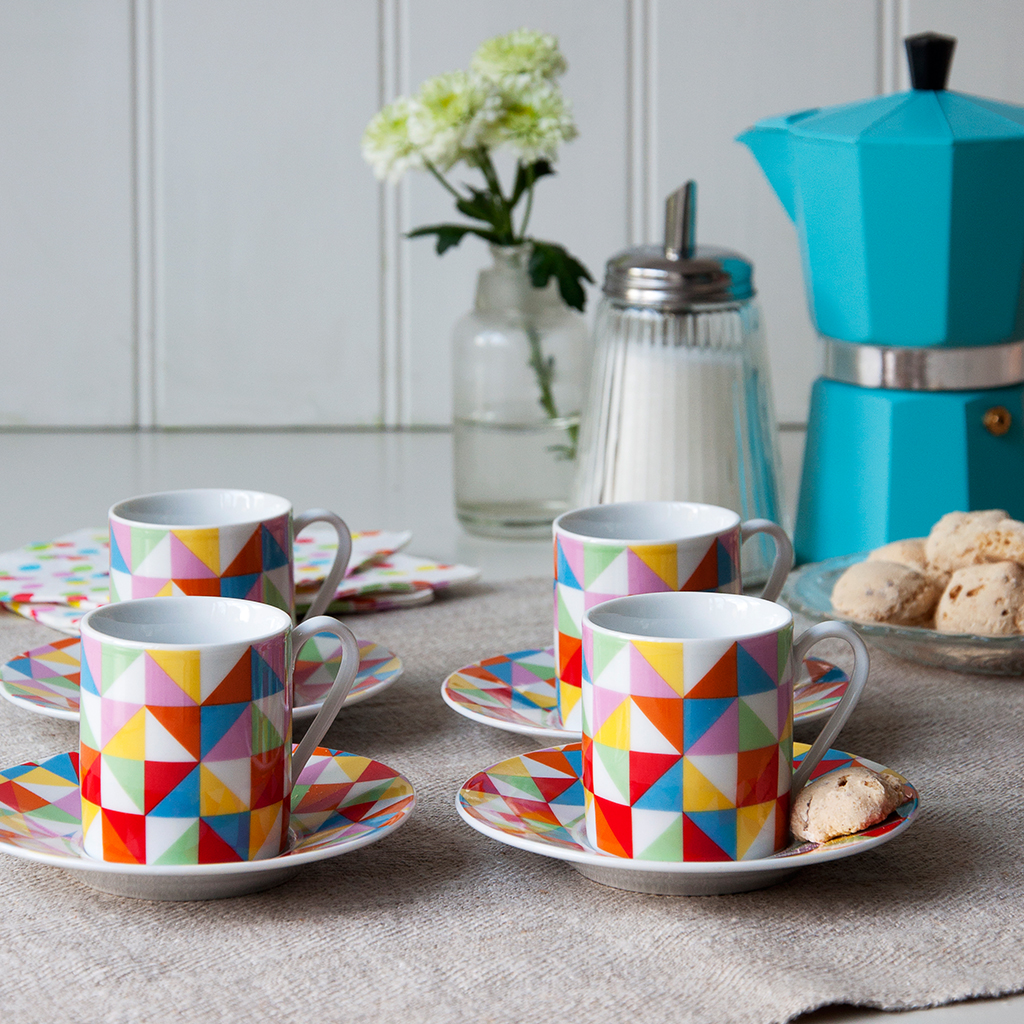 Set Of 4 Multicolour Geometric Espresso Cups And Saucers Rex London