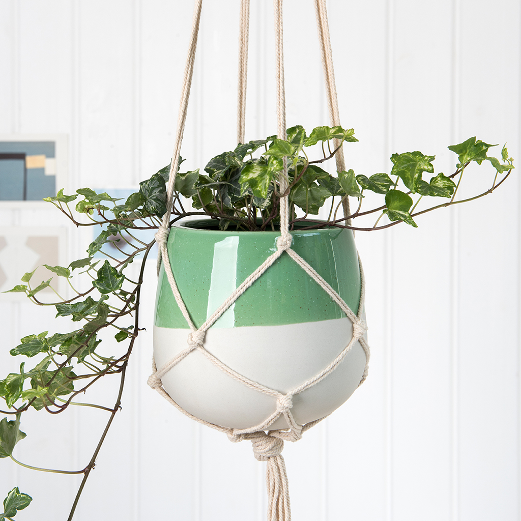 Large Sage Green Dipped Macrame Plant Pot Rex London