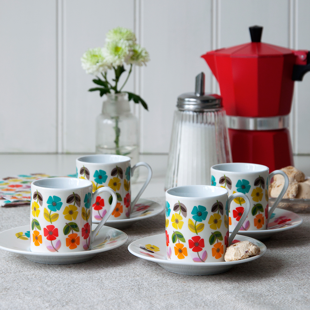 Set Of 4 Mid Century Poppy Espresso Cups And Saucers Rex London